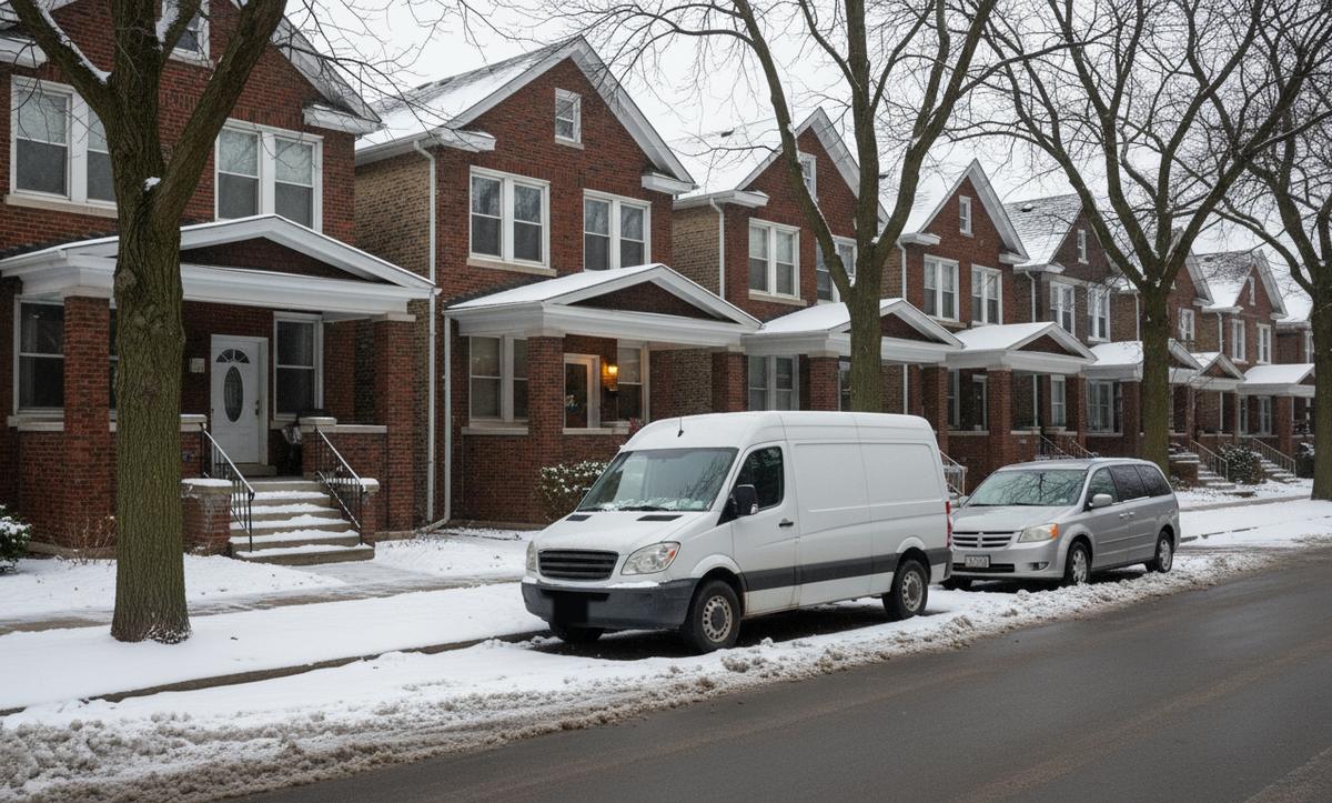 A Chicago street of brick bungalows after light snow, a white cargo van and a silver minivan at the curb
