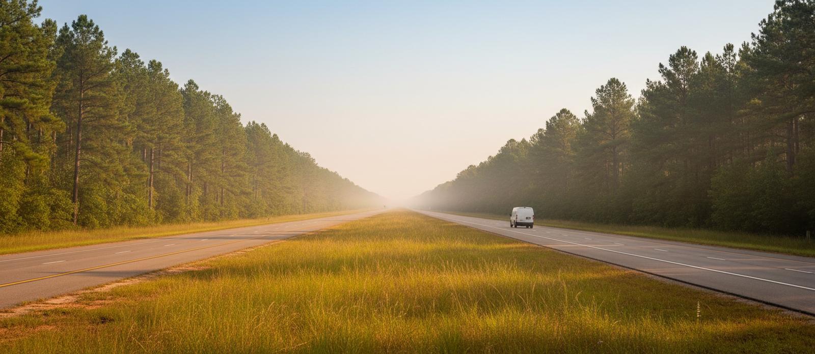 A straight interstate through tall pine forest in south Georgia, one small white van in the distance