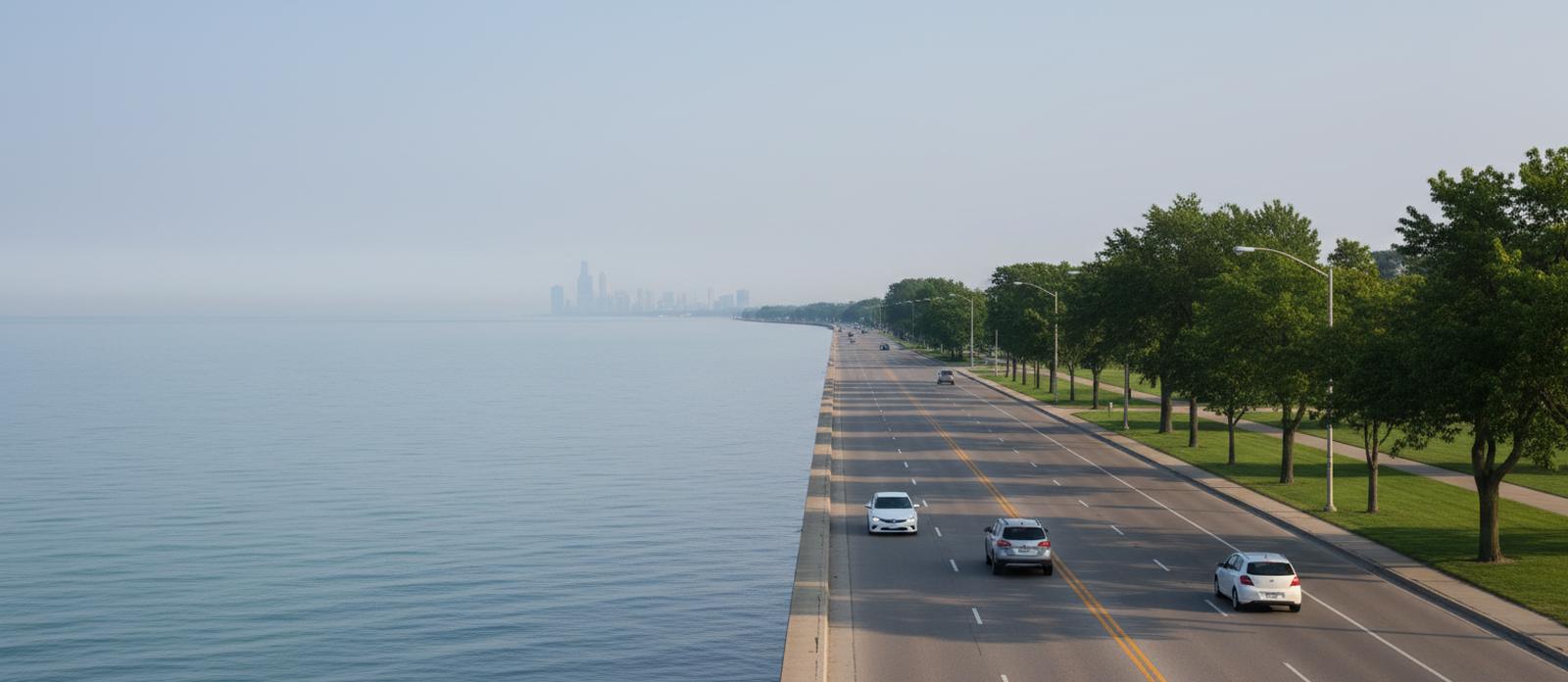 A long lakefront drive along Lake Michigan early on a summer morning, parkland on one side, the lake on the other