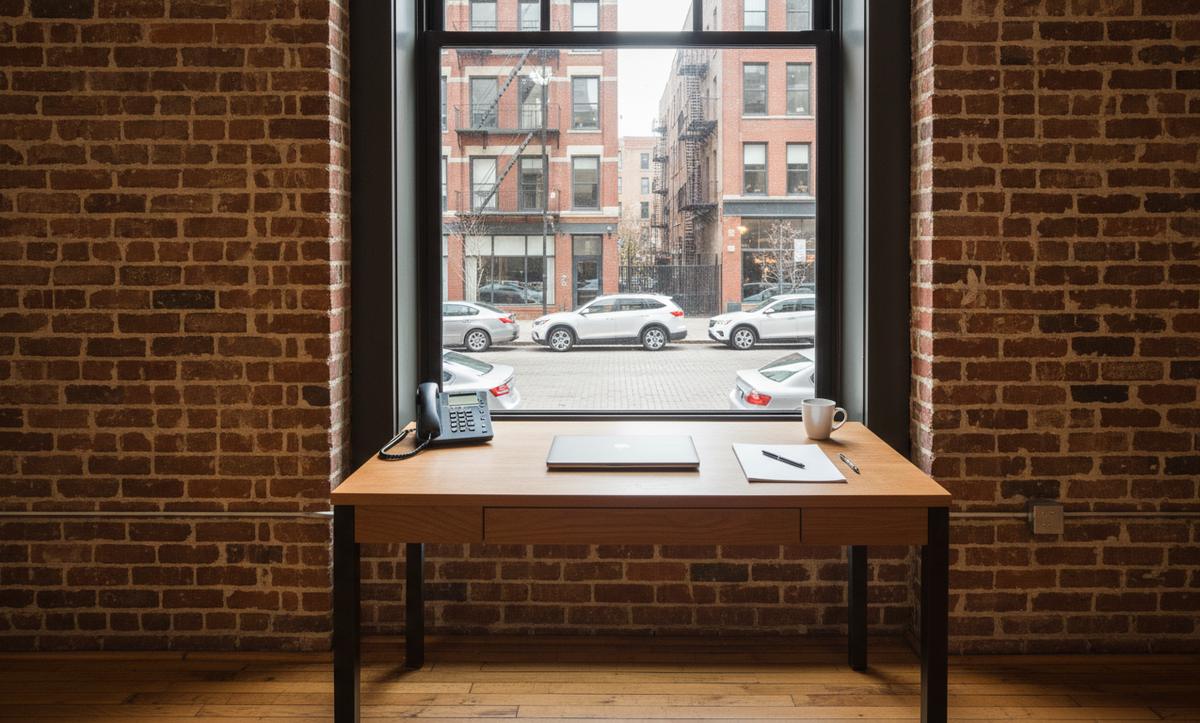 A tidy office desk by a tall window in a brick loft office, a desk phone, a closed laptop and a blank notepad
