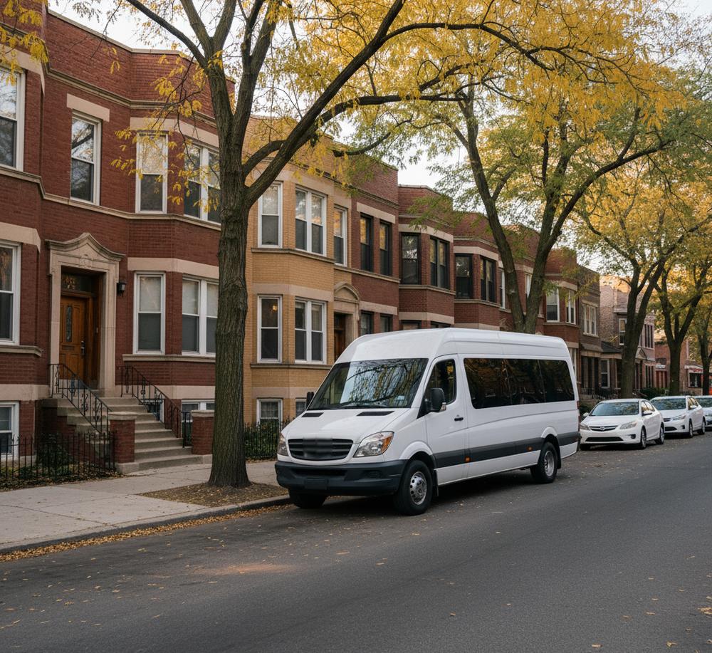 A white twelve-passenger van parked at the curb of a Chicago street of brick two-flats under yellowing trees