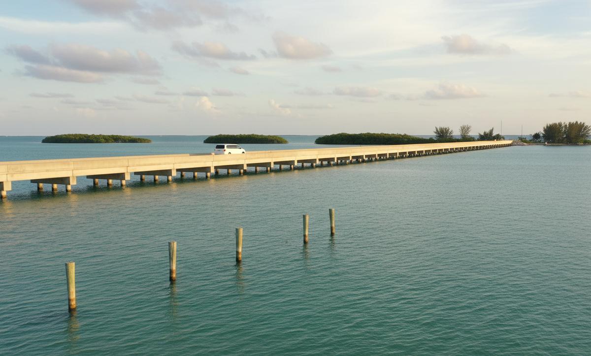 A long low causeway over calm turquoise water on Florida's Gulf coast, mangrove islands beyond