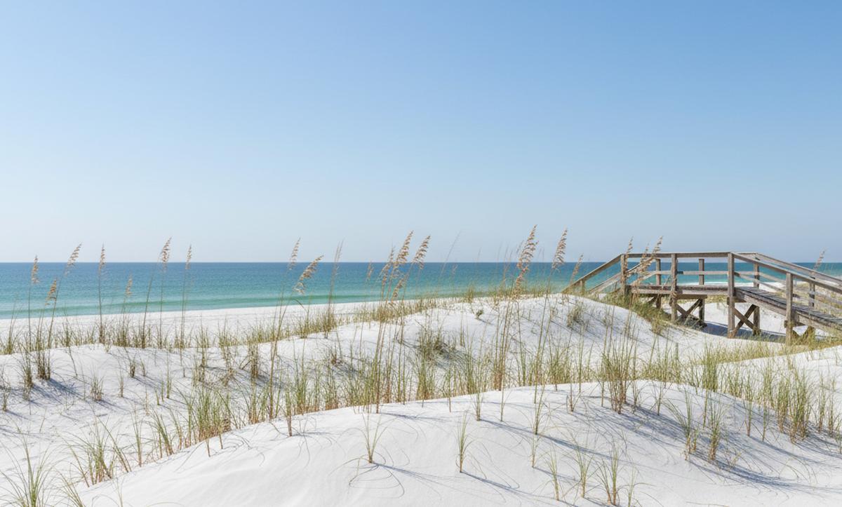 White quartz sand dunes with sea oats and a wooden walkover above green water on the Florida Panhandle