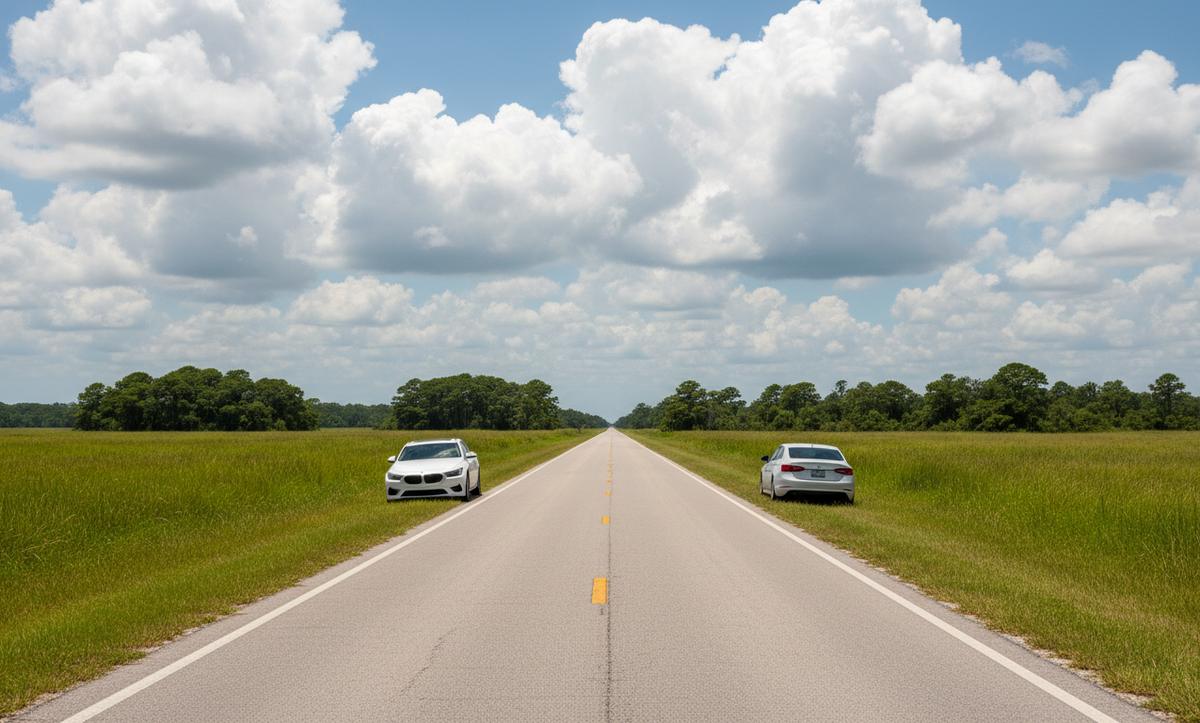 A straight two-lane road through sawgrass and cypress in southwest Florida under tall white clouds