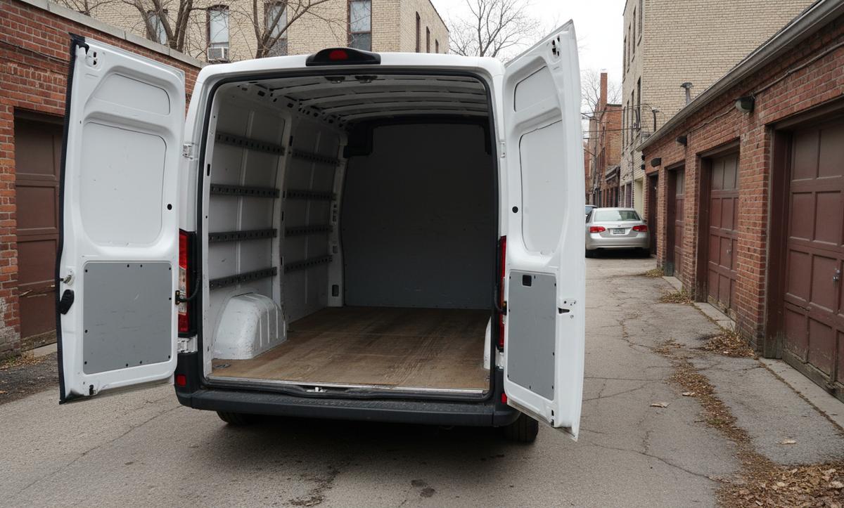 A white high-roof cargo van in a Chicago alley with its rear doors open on an empty bay