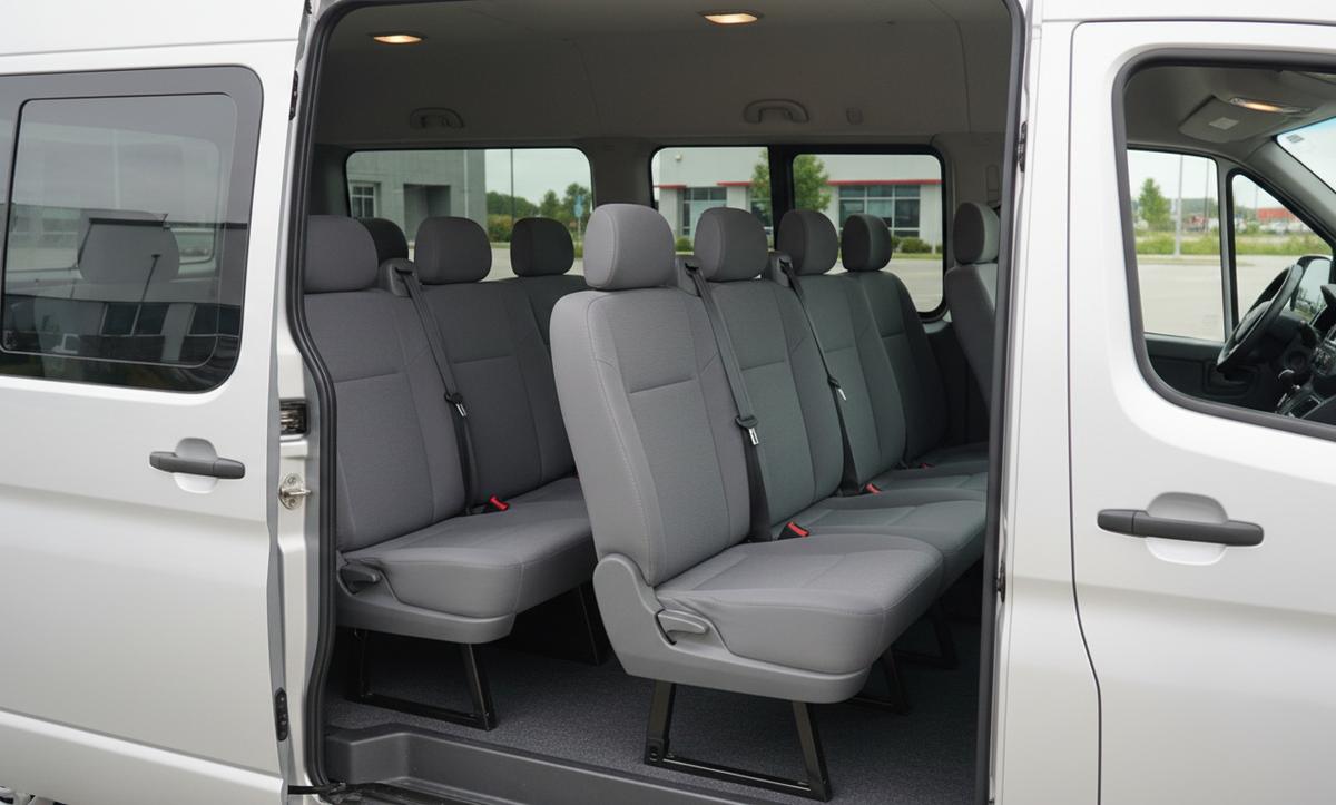 The empty inside of a high-roof passenger van: rows of gray bench seats seen from the side door