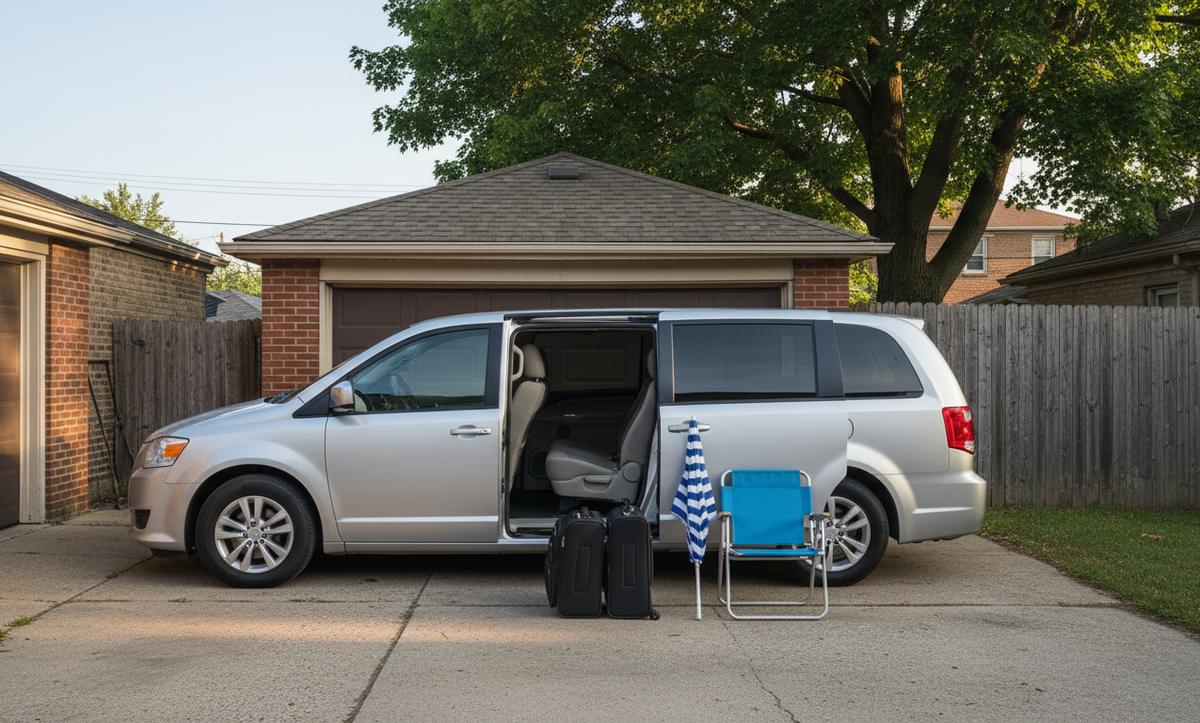 A silver minivan with its sliding door open on a garage pad, suitcases and folded beach chairs beside it