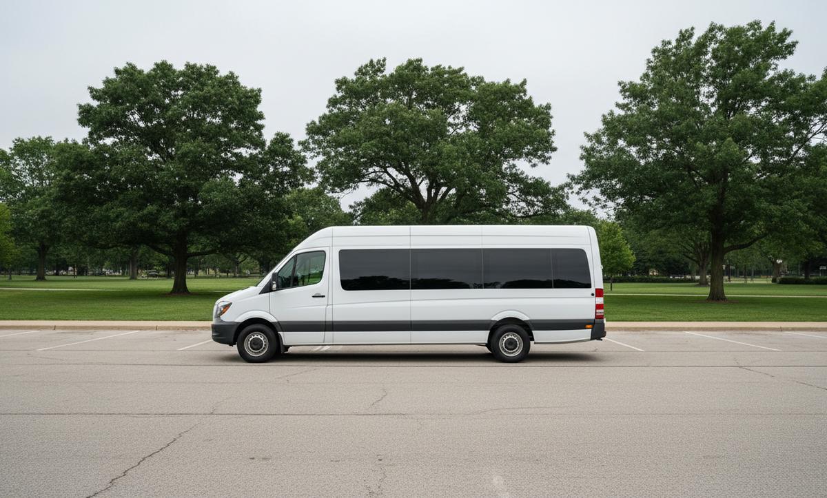 A white high-roof twelve-passenger van parked alone beside a Chicago park